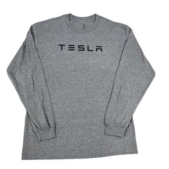 Tesla Logo Mens Grey Long Sleeve T-Shirt Sz Large - Picture 1 of 4